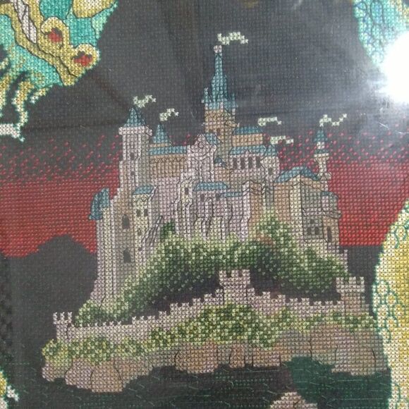 Vintage Dragon Castle Fantasy Landscape Cross Stitch Needlepoint Art Framed - Picture 4 of 8
